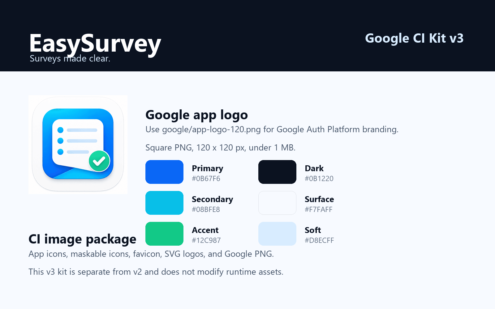 EasySurvey 로고와 앱 아이콘, 브랜드 색상으로 구성된 브랜드 보드